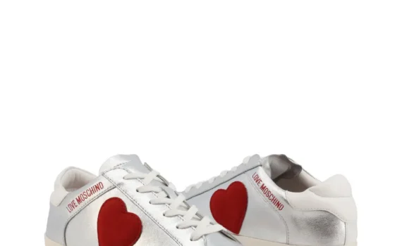 Love Moschino Silver Heart Sneakers – Premium Italian Leather, Stylish & Comfortable