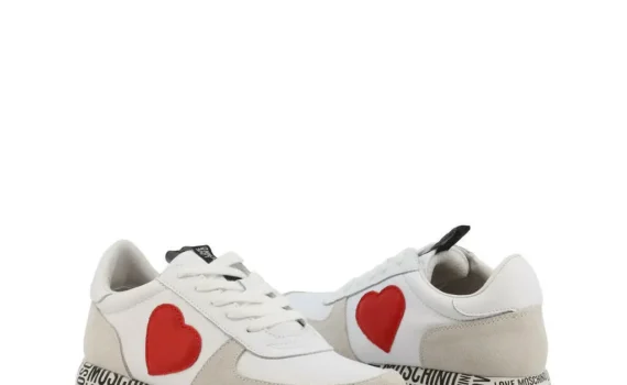 White Heart Sneakers – Stylish Love Moschino White Suede Sneakers with Platform Heel